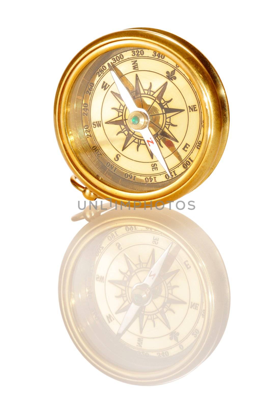 Old compass isolated on white background with reflection