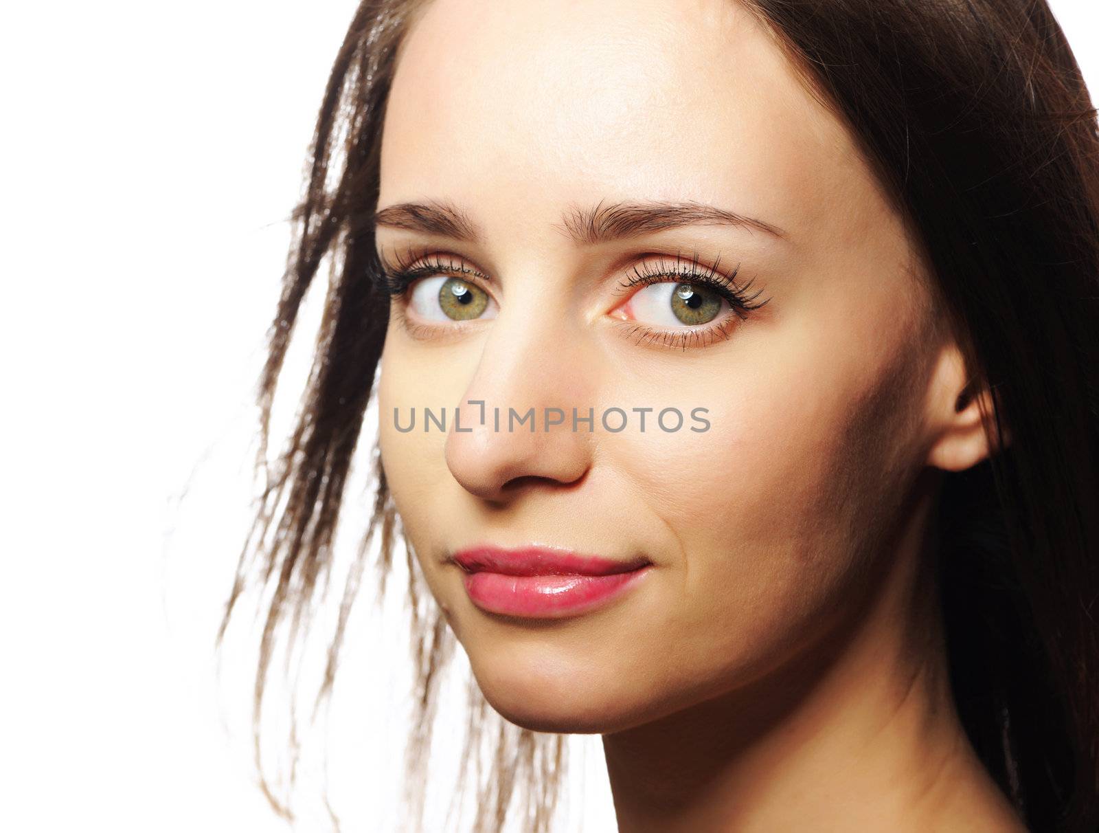 Beautiful young woman over white background
