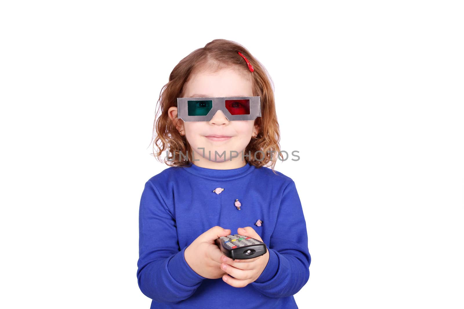 little girl with 3d glasses and remote control