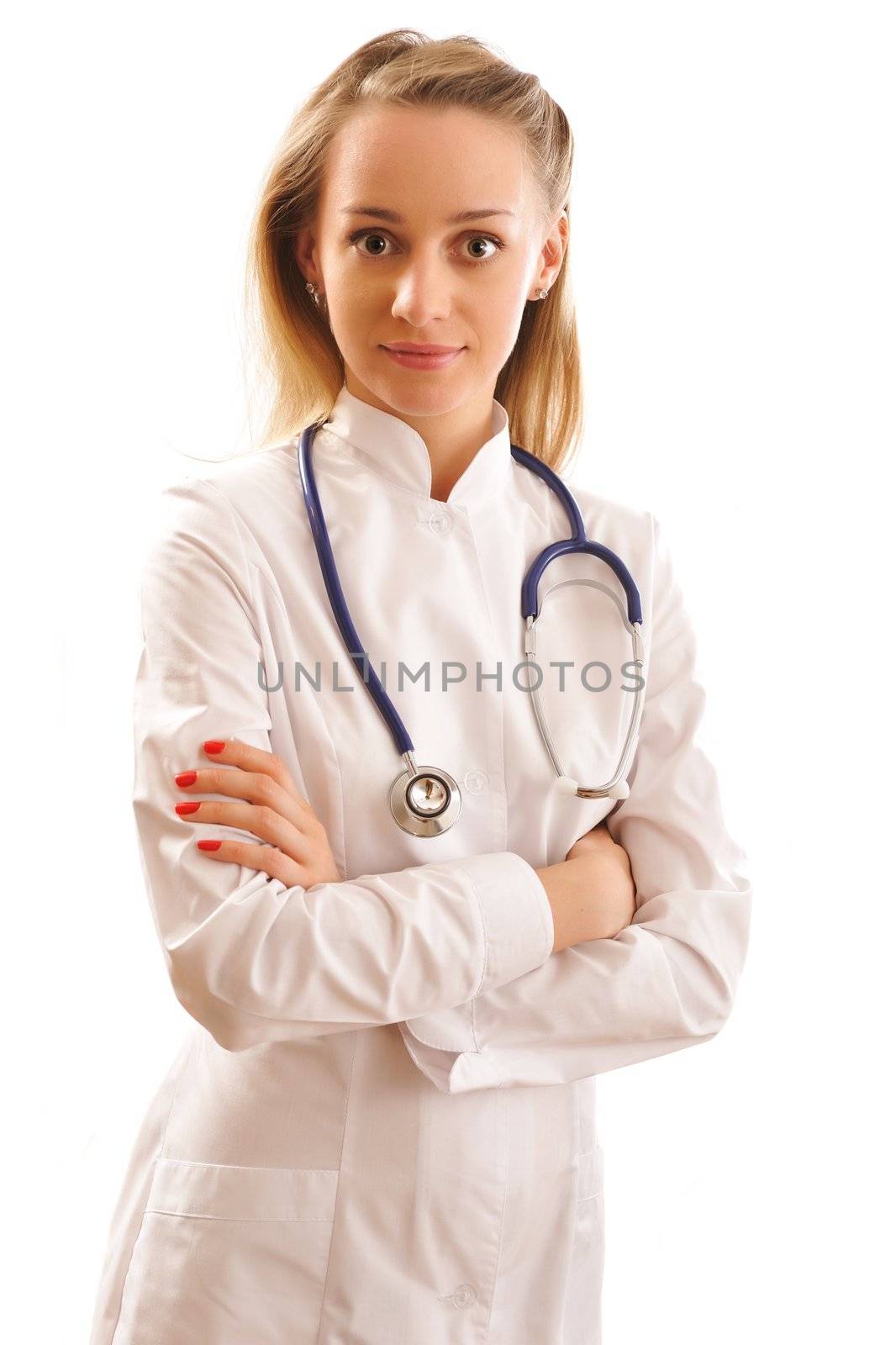 Doctor with stethoscope isolated on white
