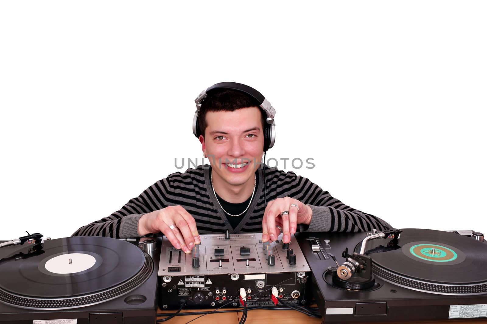 dj with turntables posing