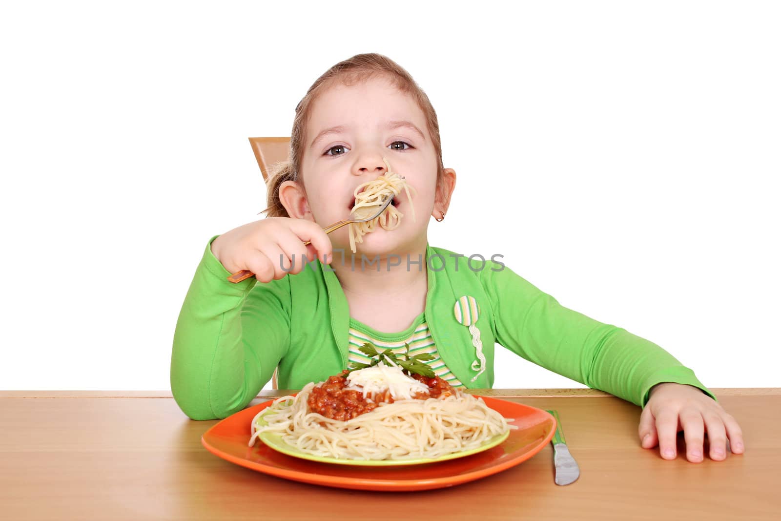 little girl with spaghetti