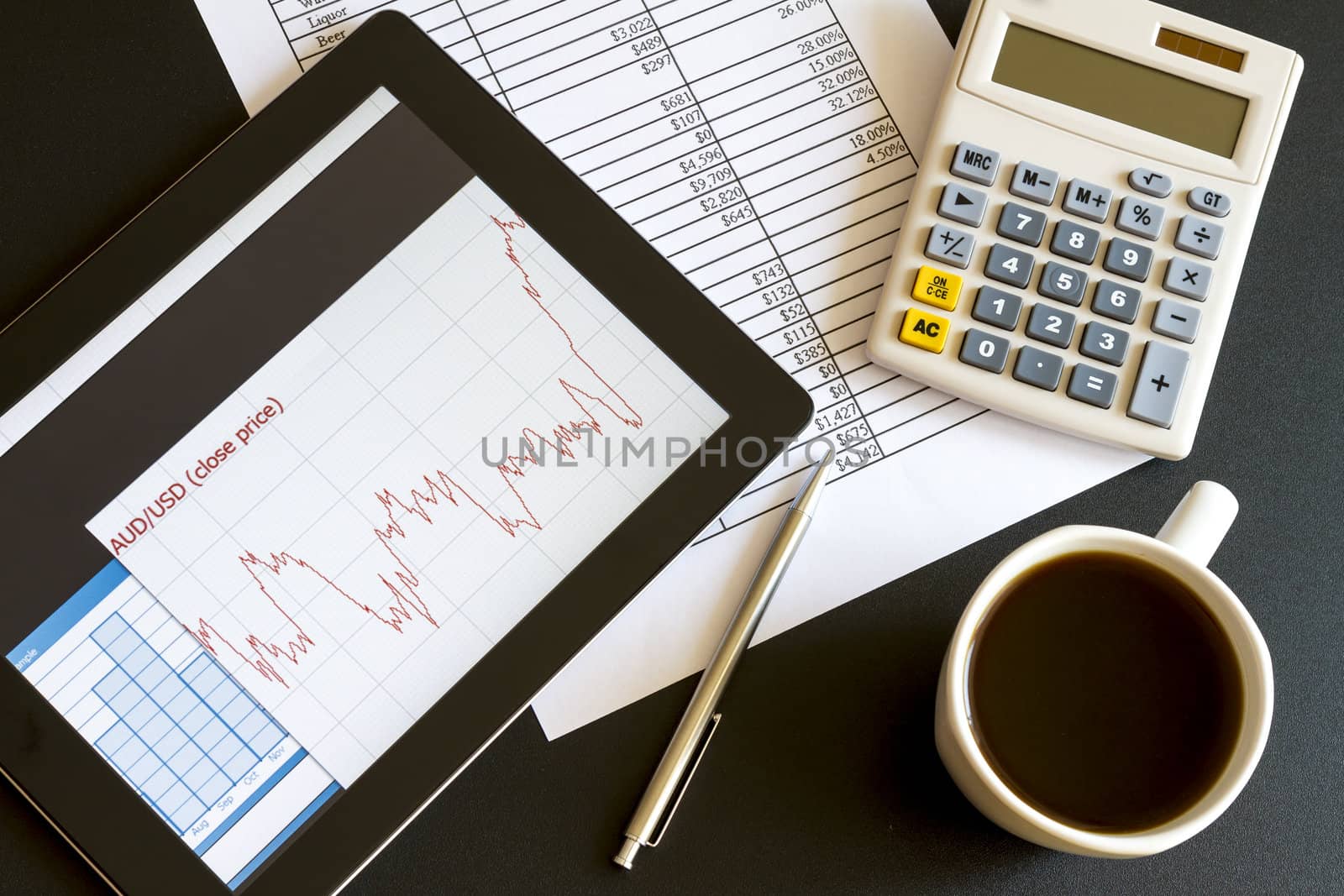 Modern workplace with digital tablet showing charts and diagram on screen, coffee, pen and paper with numbers.