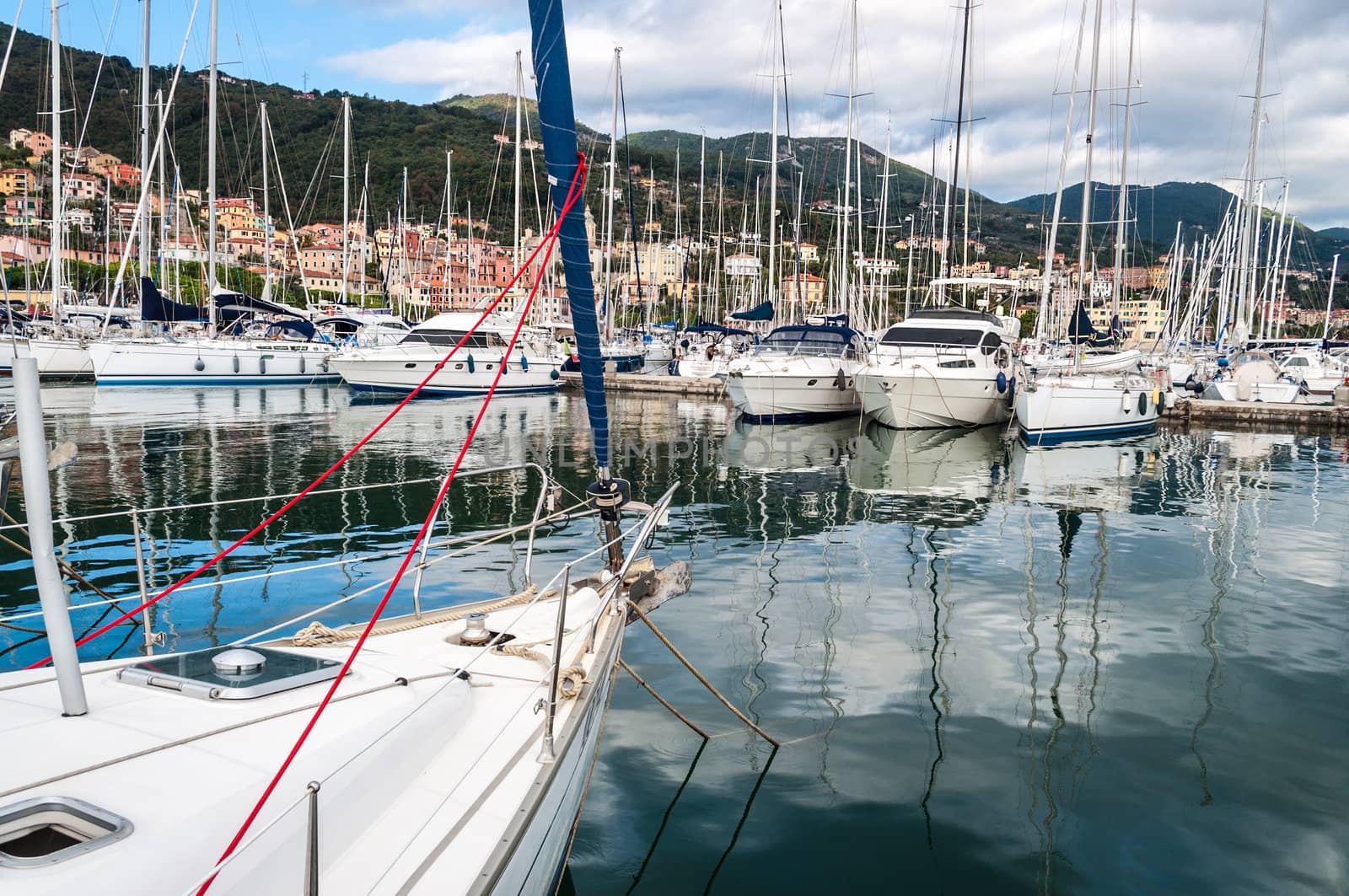 Marina Harbor with docked sailing boats on reflecting water