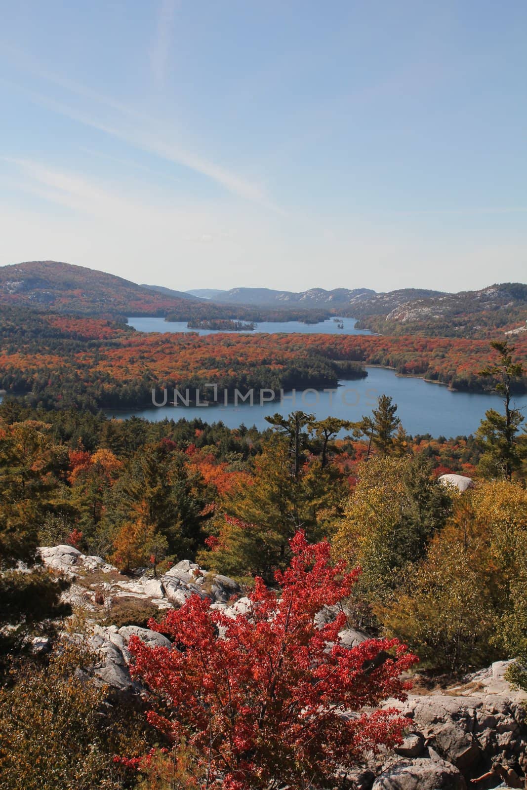 View of the lakes, rocky hills and colourful forest at Killarney Provincial Park, Ontario, Canada
