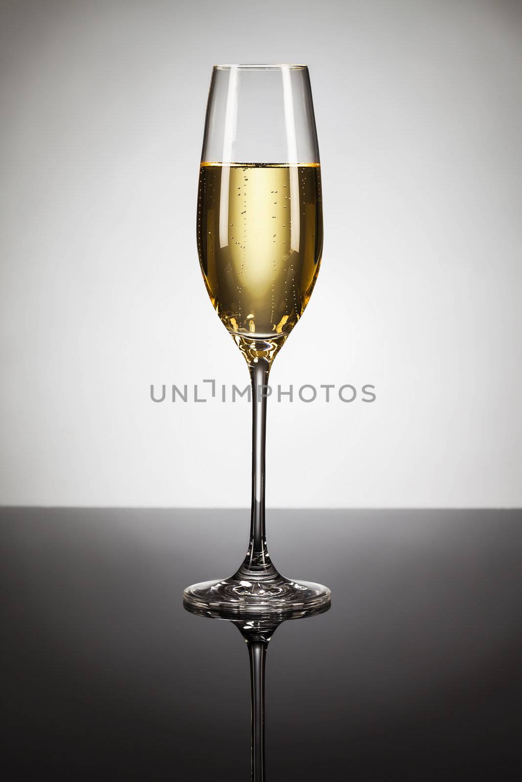 glass of champagne on a mirror with spot in background