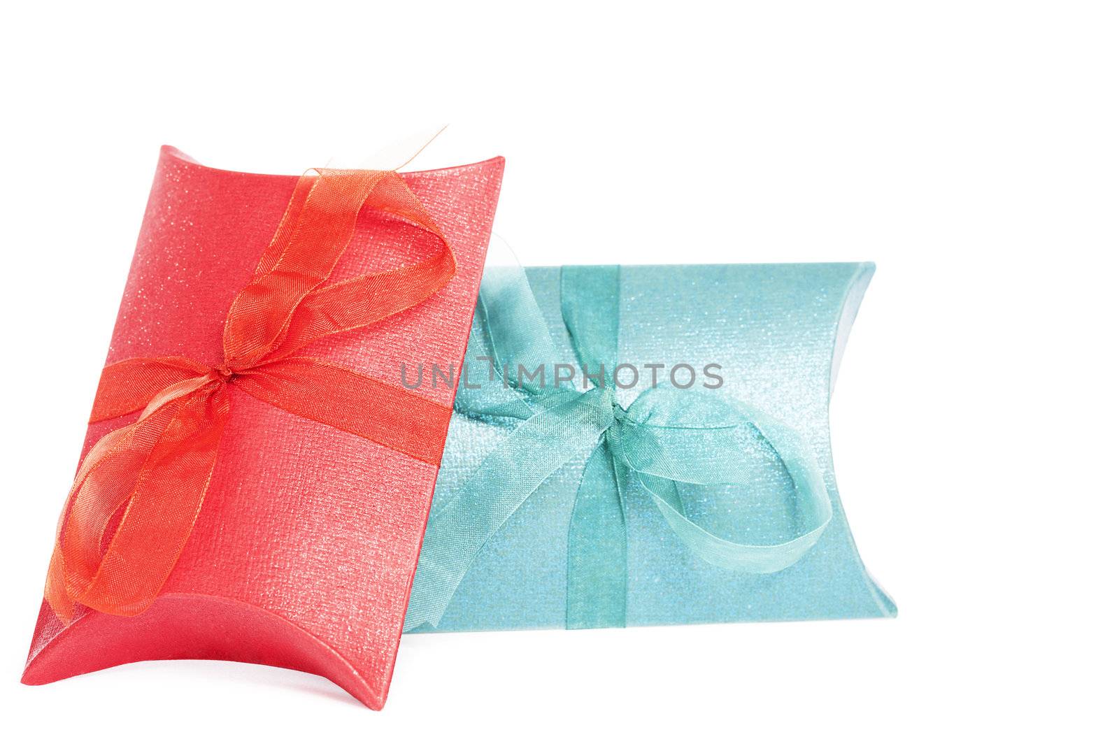 small red and blue present boxes on white background
