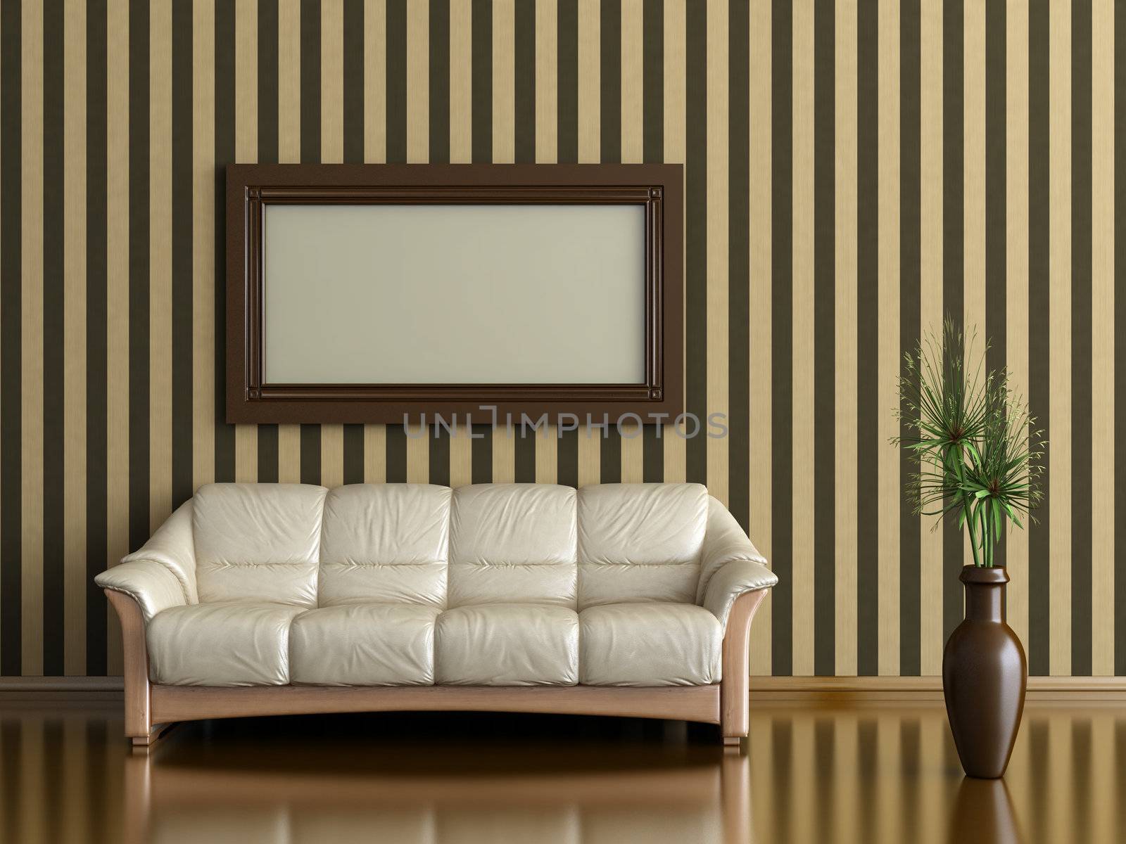 interior with sofa and plant in a vase on a background of striped wall by Serp