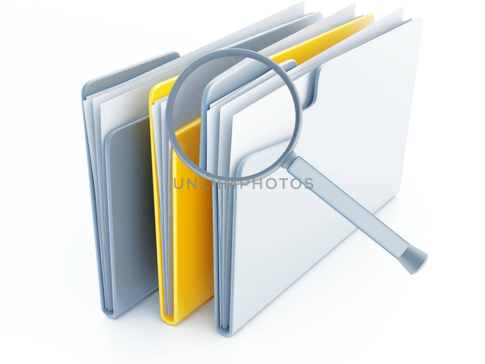 folders with papers under magnifier on a white background