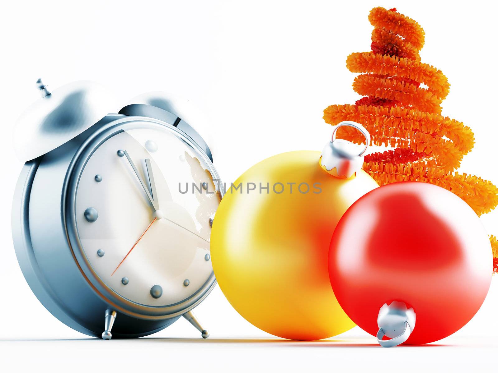 Yellow and red metallic christmas decorations and alarm clock
