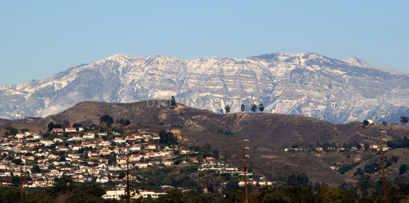 Snow on the mountains near Ventura California.