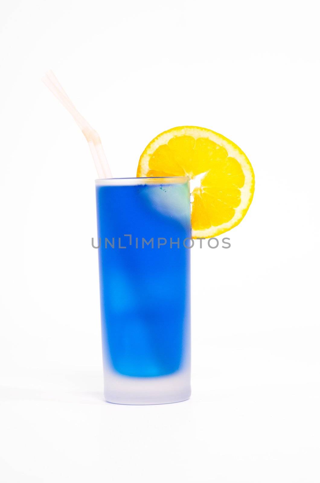 blue cocktail with ice and orange isolated