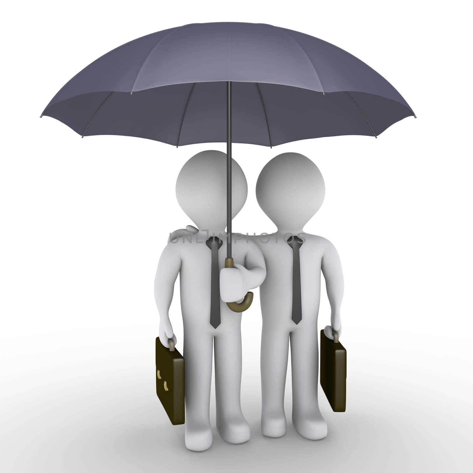 Two 3d businessmen holding suitcases are under an umbrella