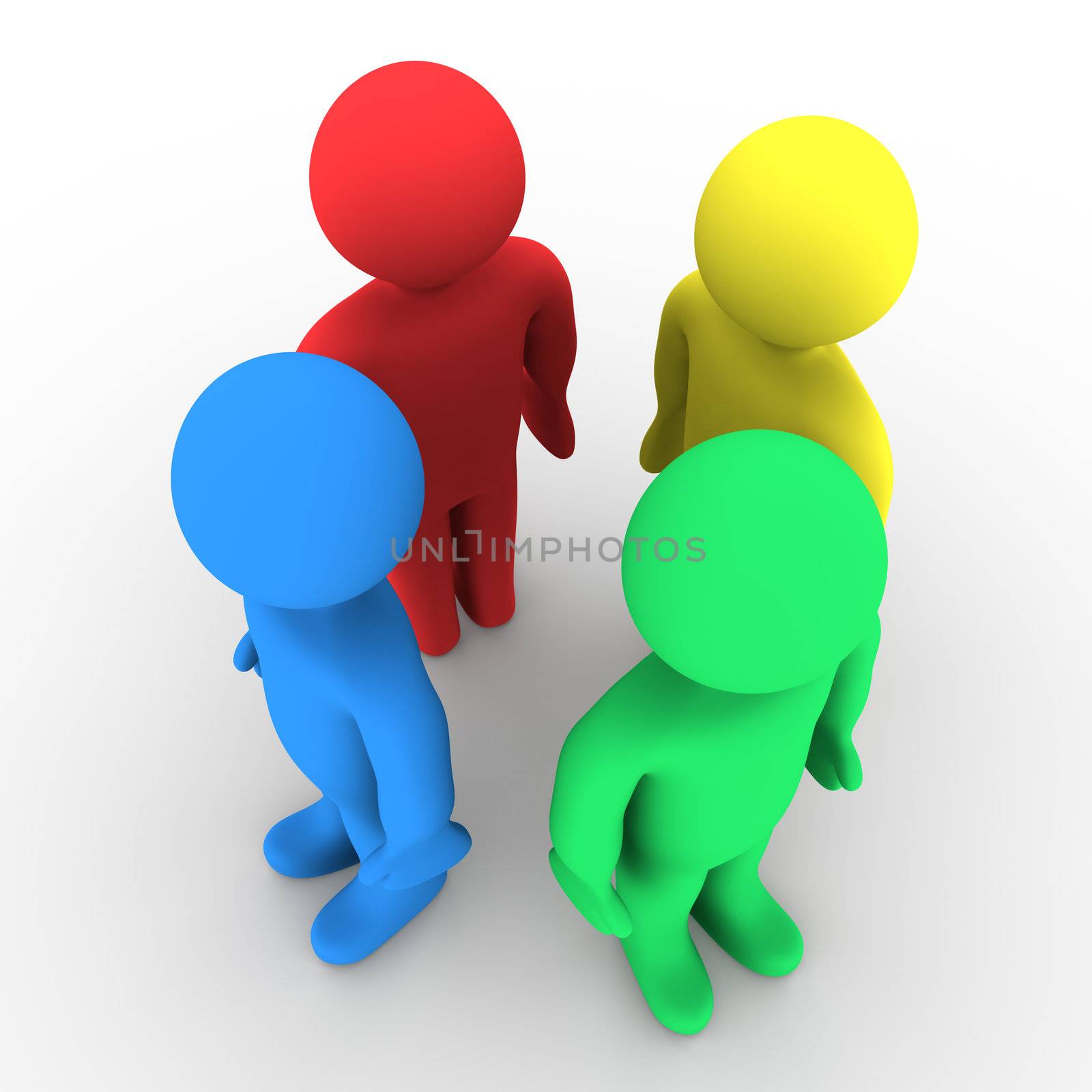 Four different colored 3d people standing back to back