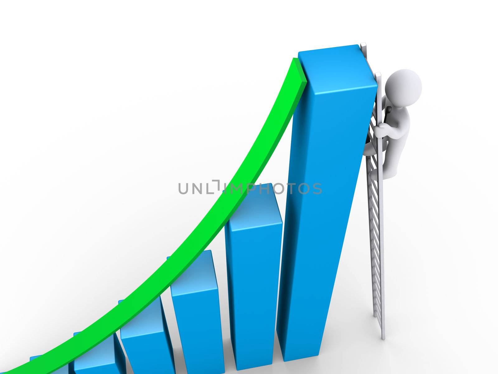 3d businessman is climbing on ladder to the top of graph