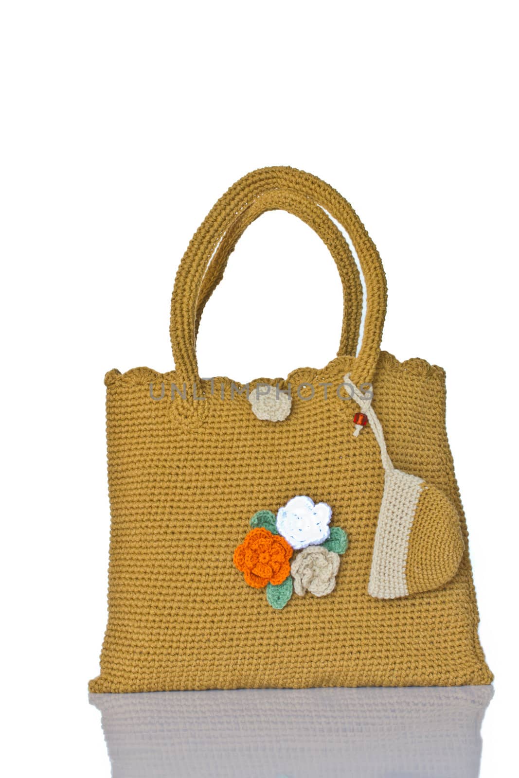 Crochet knitting bag on white background