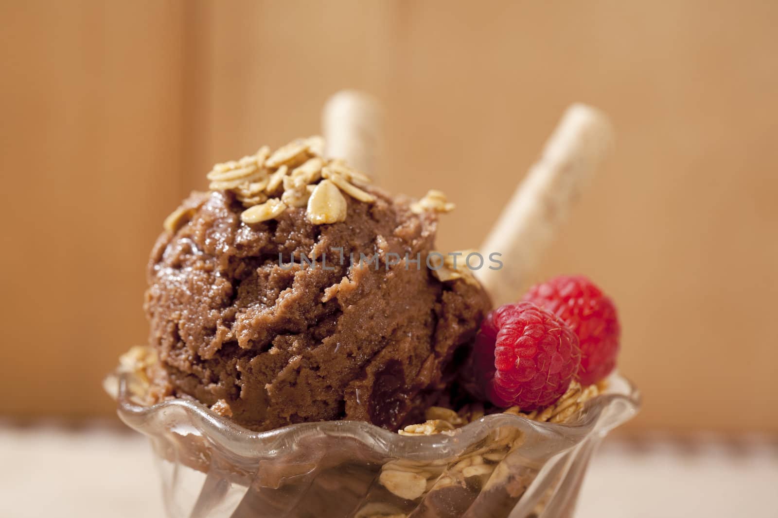 Chocolate ice cream with strawberry and waffle