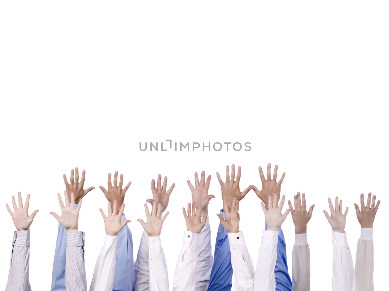 Close-up image of a group of hands reaching to the top isolated against the white background