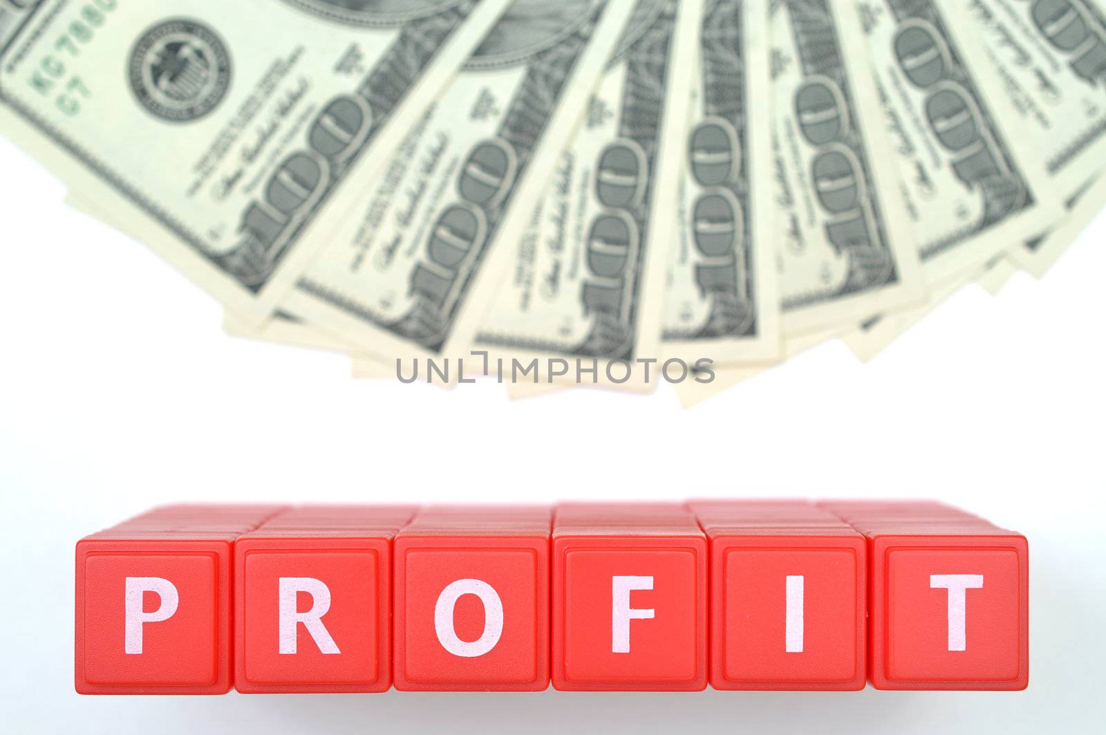 Red profit word and one hundred us dollar background