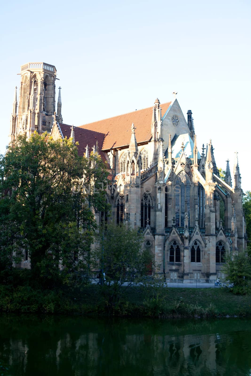 A gothic church and park in Stuttgart
