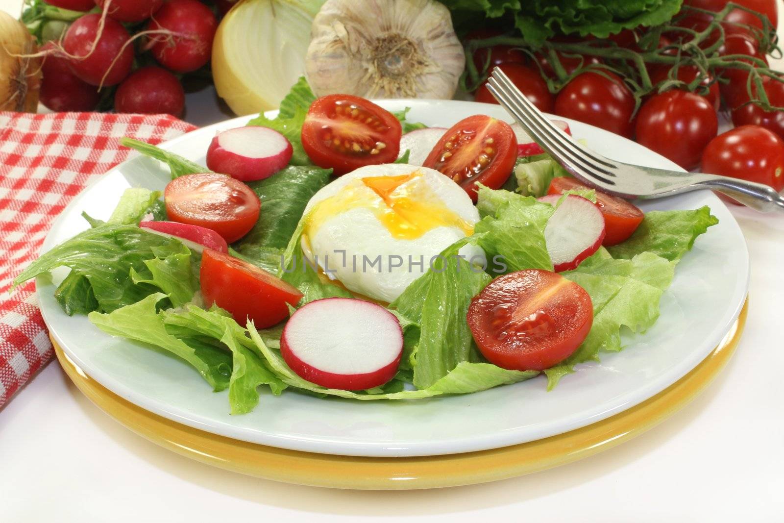 colorful mixed salad with poached egg