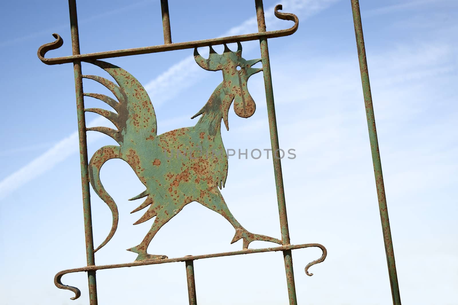 Wrought iron gate decorated with a cock, Borba, Alentejo, Portugal