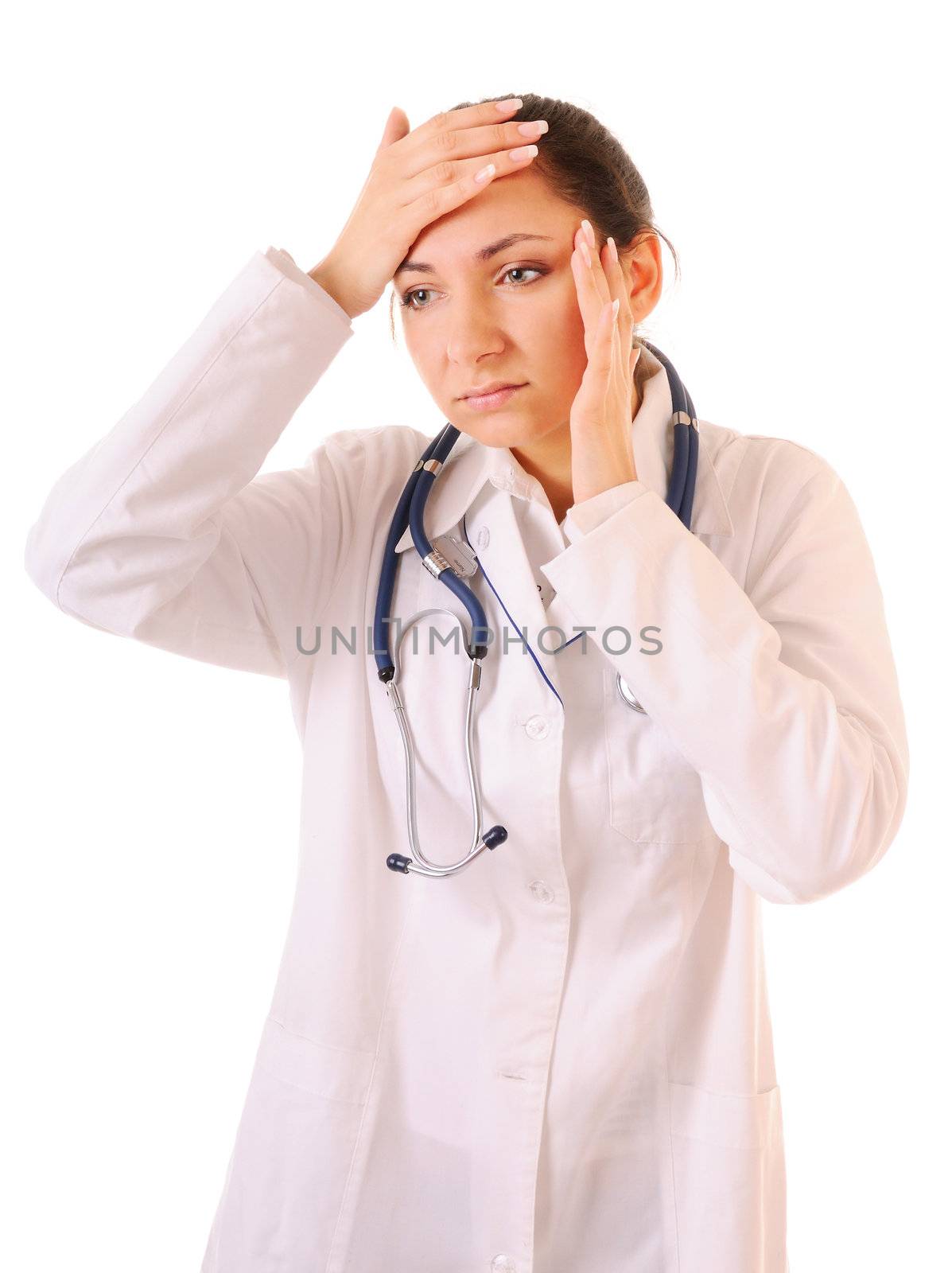 Doctor is suffering from headache. Isolated on white background.