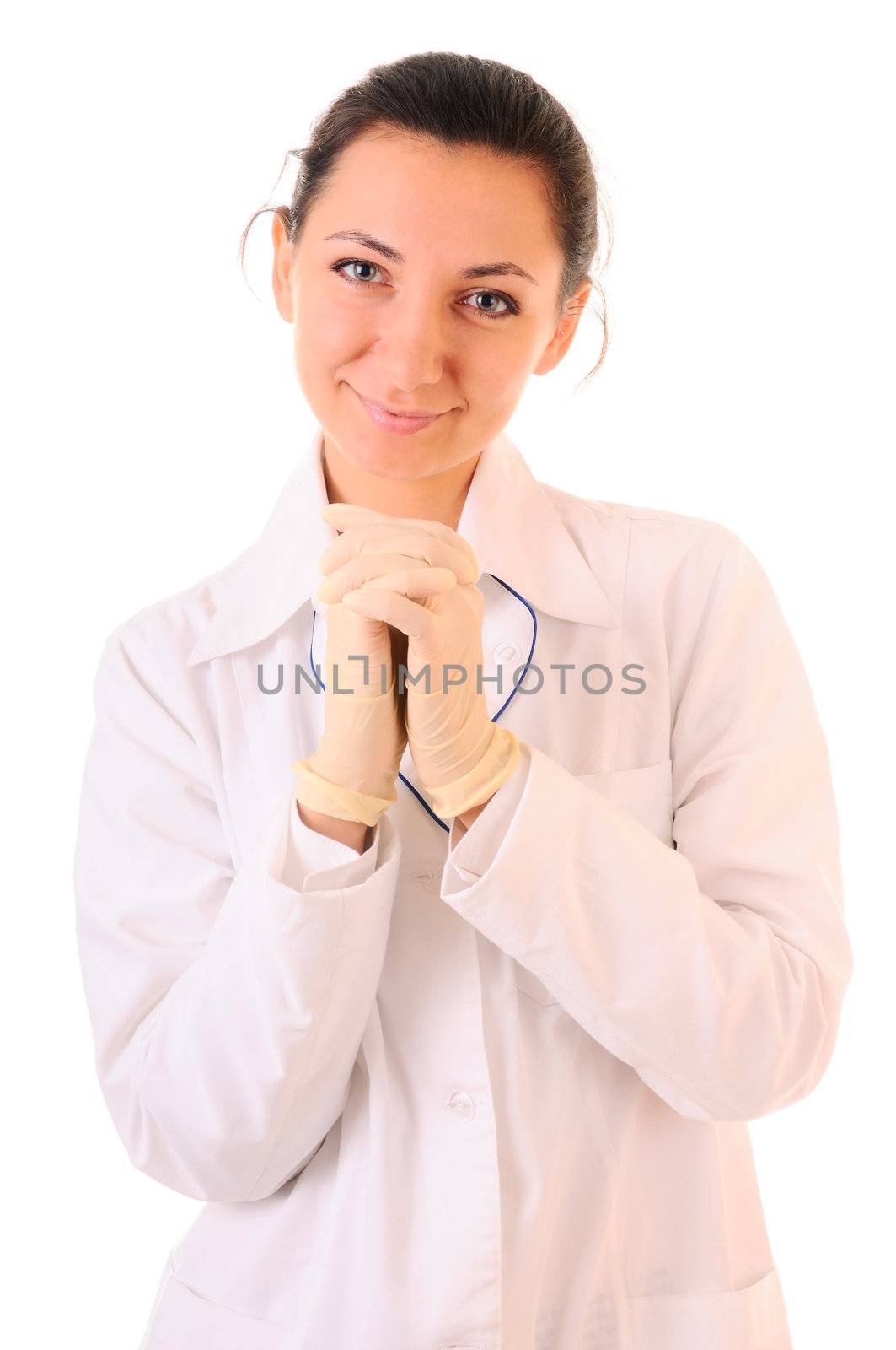 Woman in white coat and medical gloves. Isolated on white background.