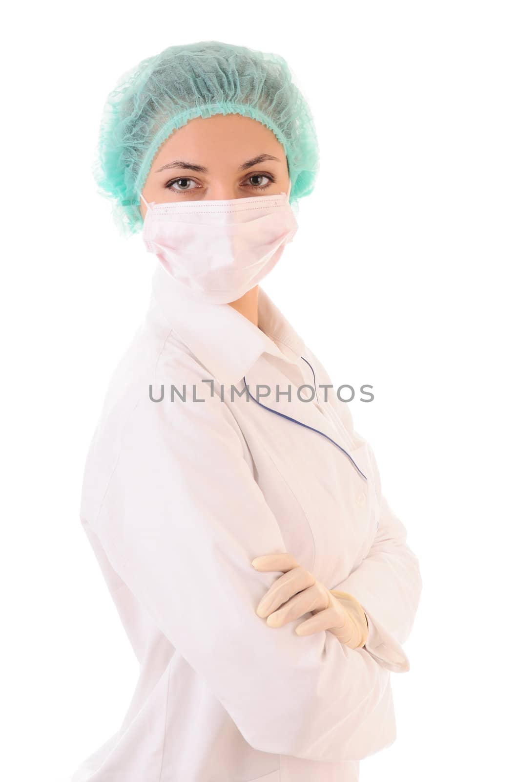 Portrait of doctor in mask and cap isolated on white background