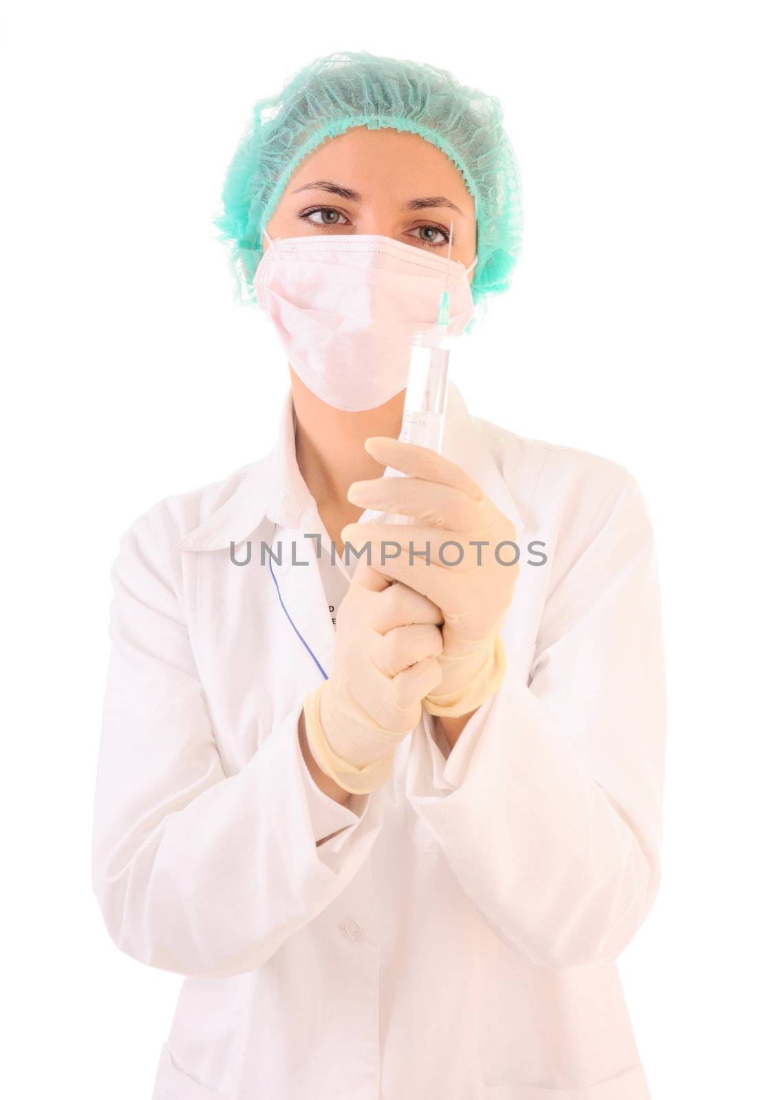 Nurse in mask and cap with syringe in hands isolated on white background