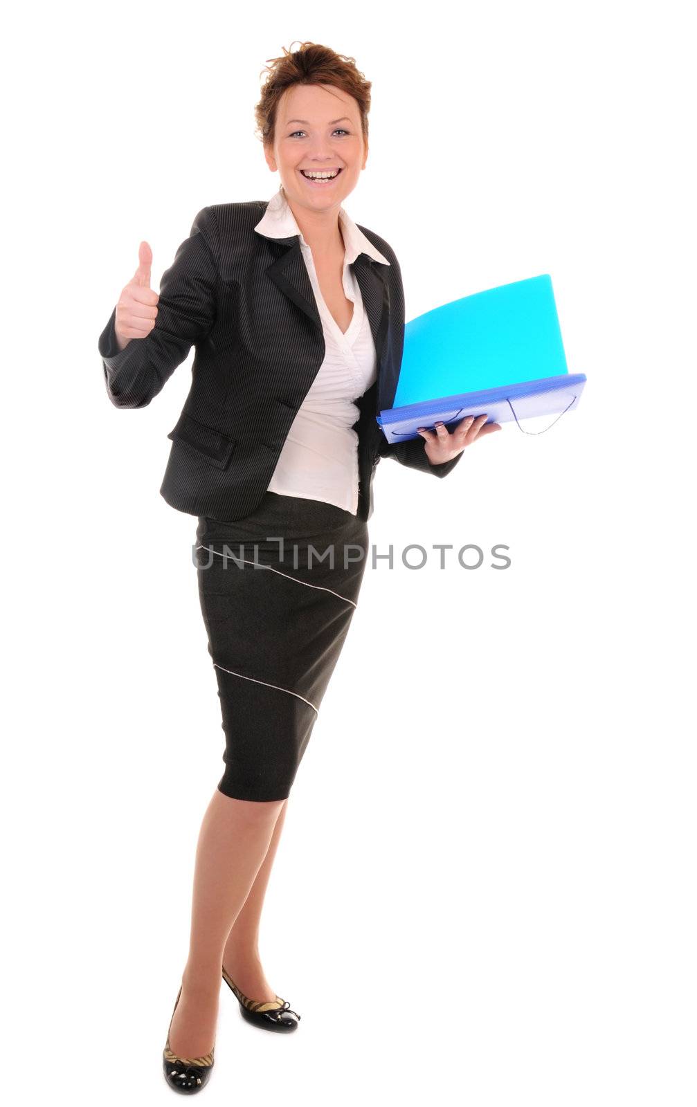 Atractive business woman with documents shows alright gesture on white background
