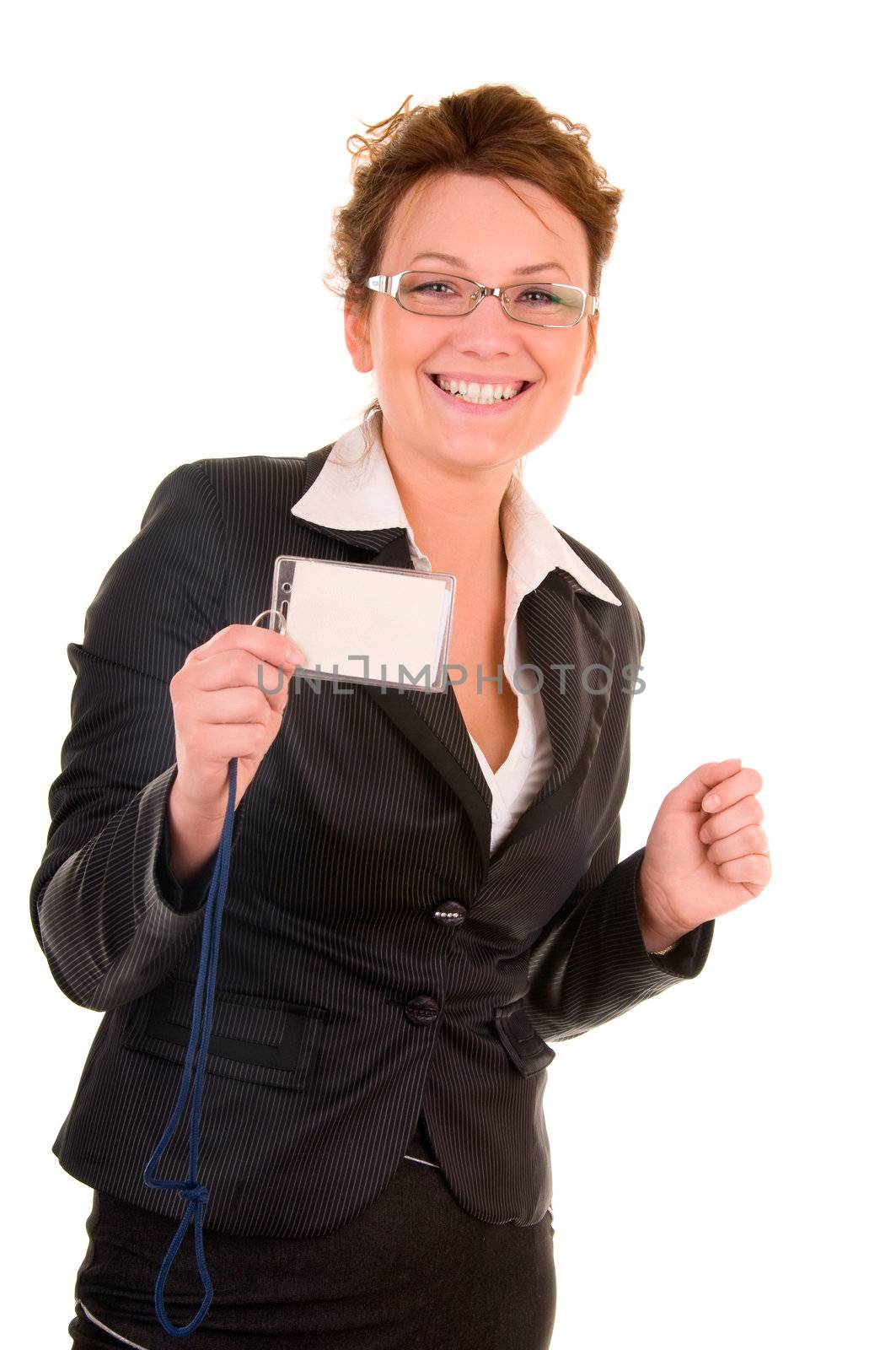 Smiling business woman with clear presenting card isolated on white background