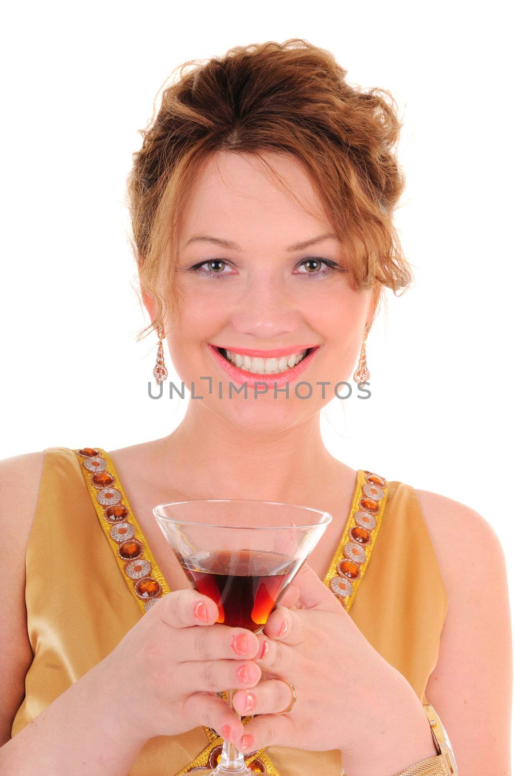 Attractive and stylish woman with cocktail in gold dress isolated on white background.