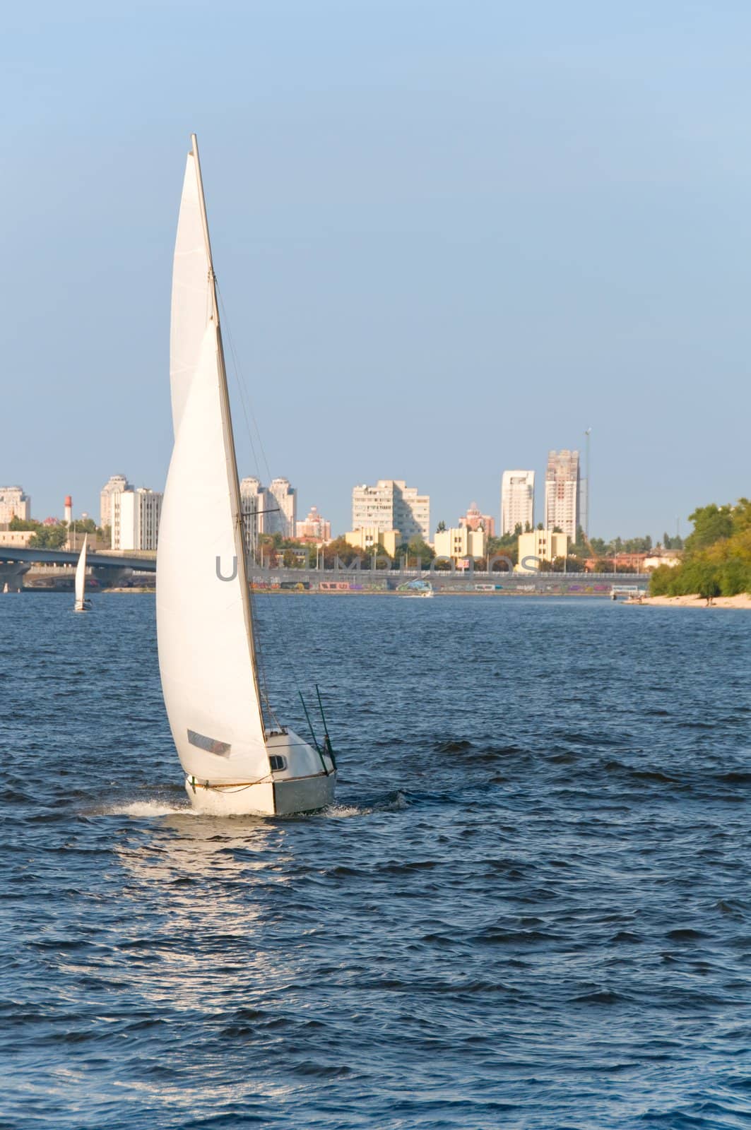 Vessel ship with white sails on water with urban scene as background