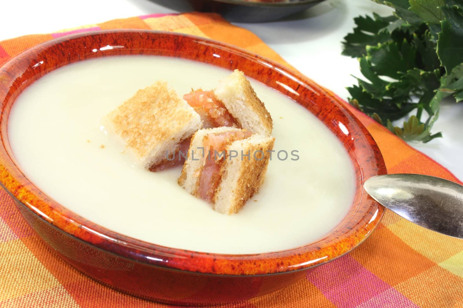 freshly cooked Cream of celery soup with salmon croutons on a checkered napkin before light background