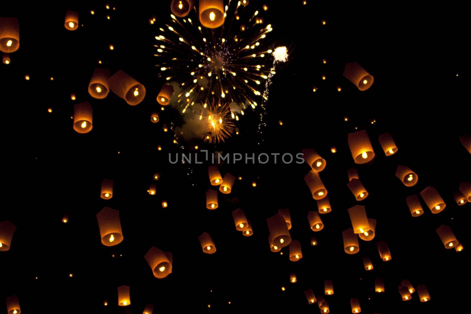 Sky lanterns firework festival,Chiangmai ,Thailand by Yuri2012