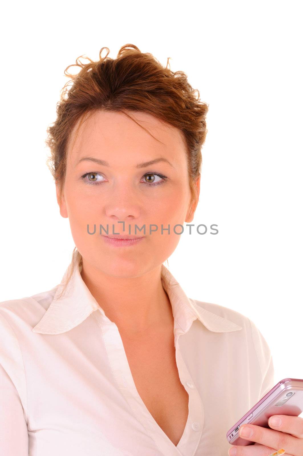 Thoughtful business woman with mobile phone isolated on white background