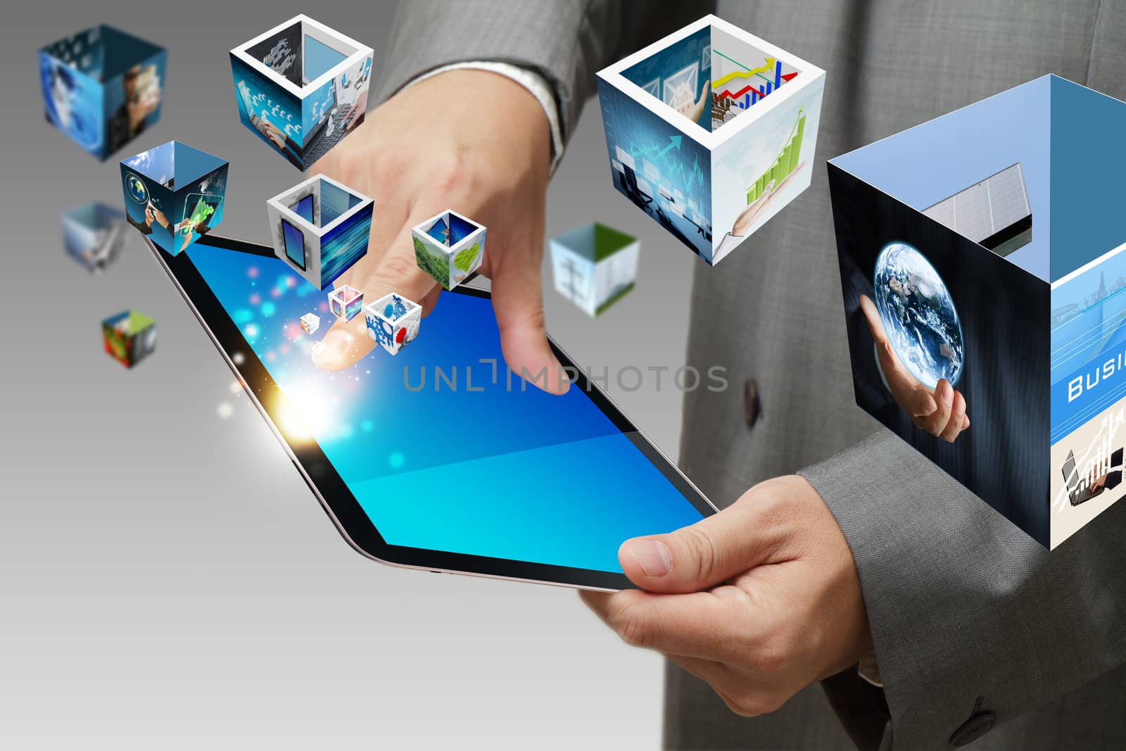 business hand shows touch screen mobile phone with streaming ima by buchachon