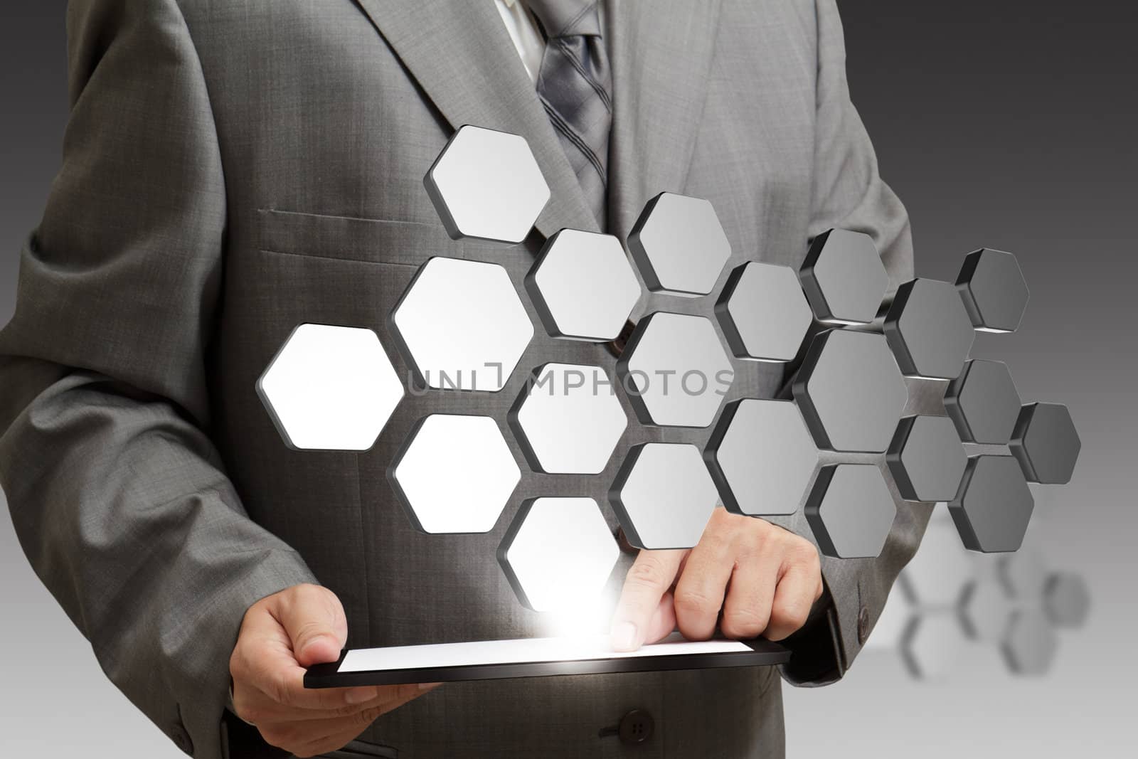 business man hand shows 3d abstract buttons