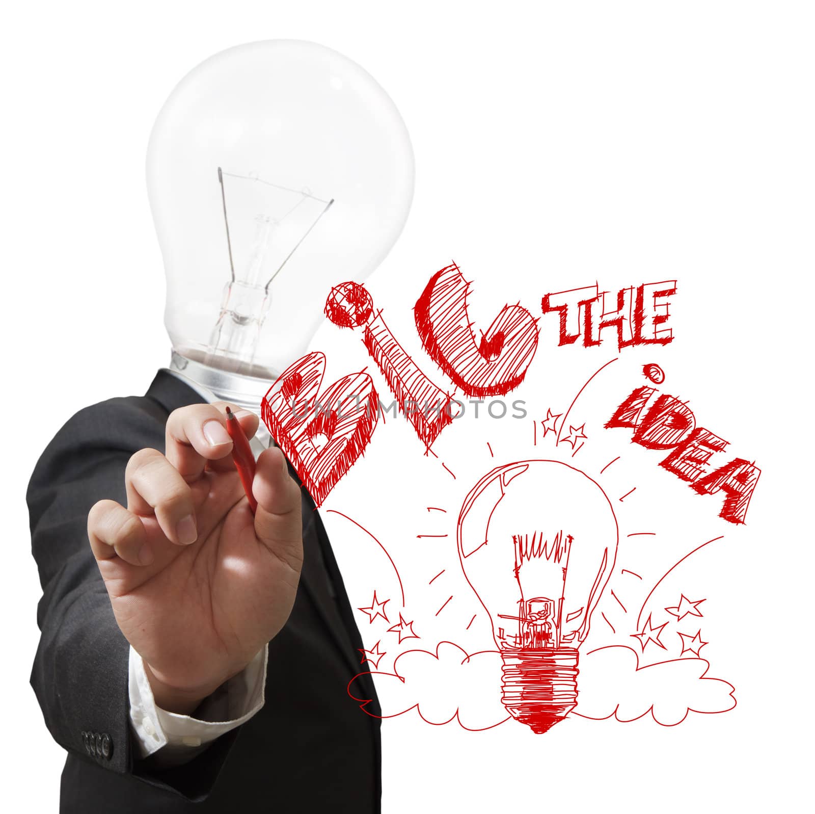 Businessman,light bulb head draws the big idea with red pen