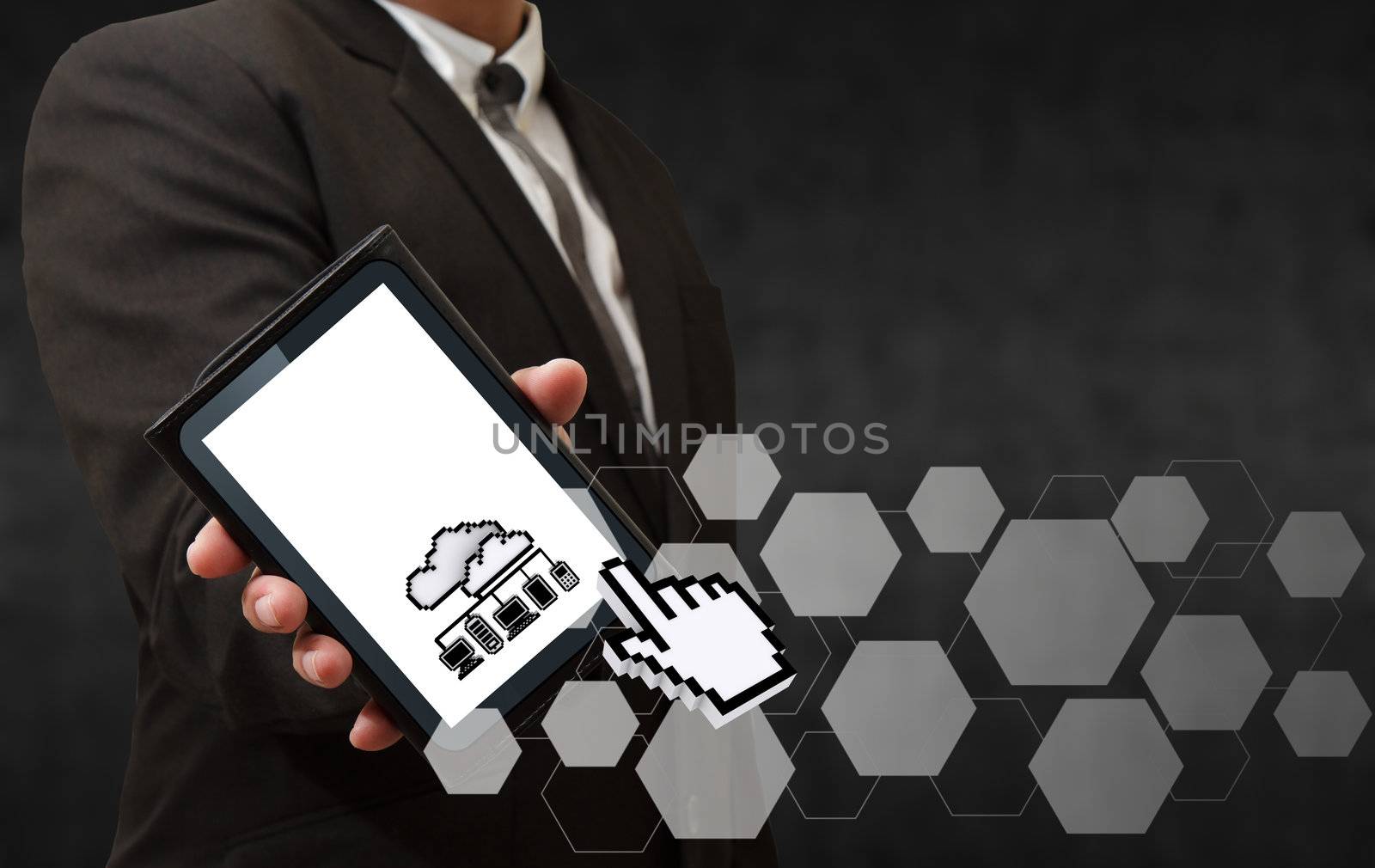 business man hand shows 3d pixel cloud network icon as concept