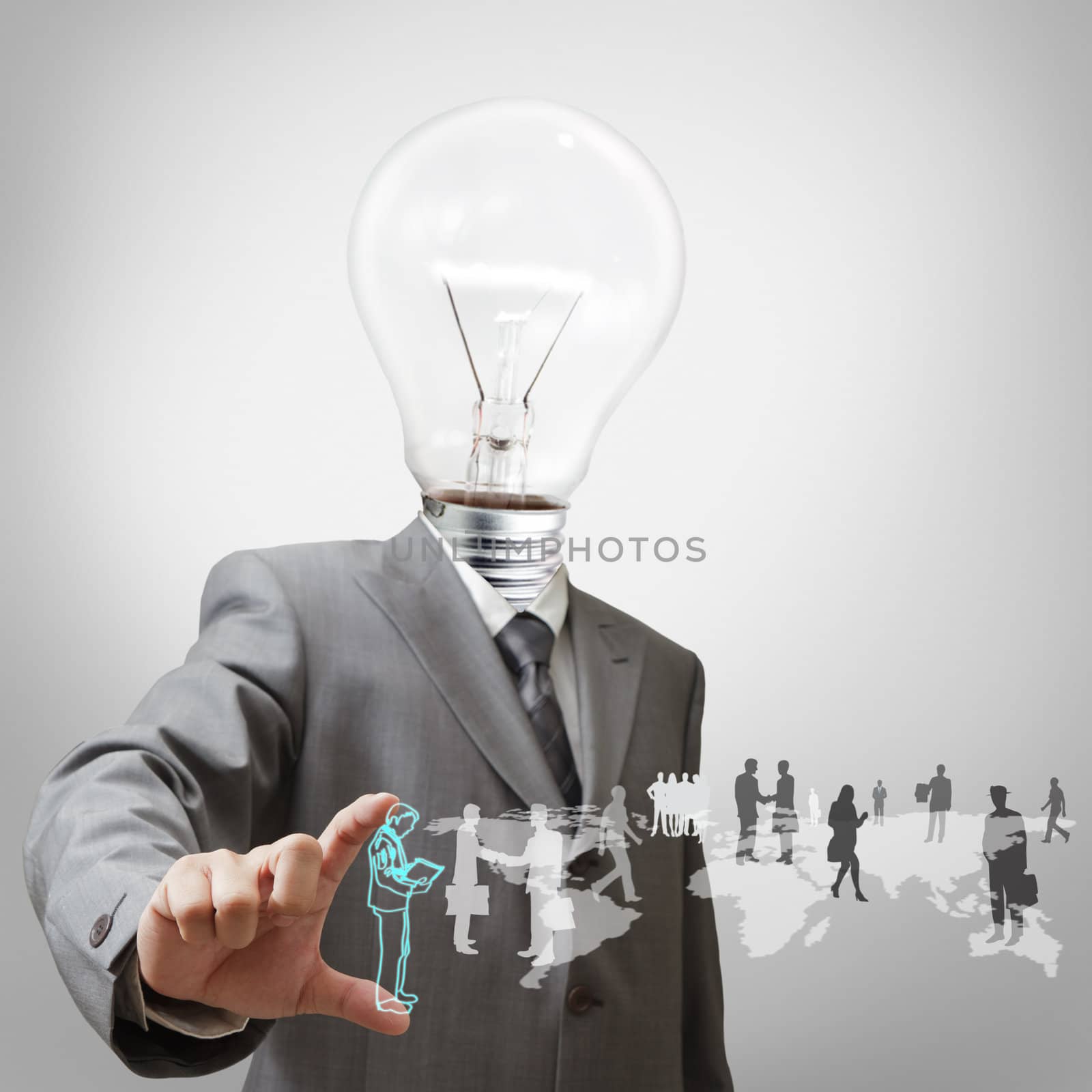 Businessman with light bulb head and employees