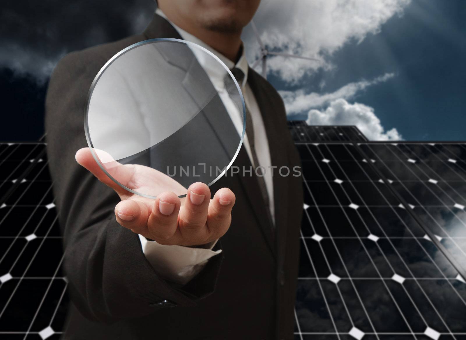 business man hand shows blank glass shield as concept