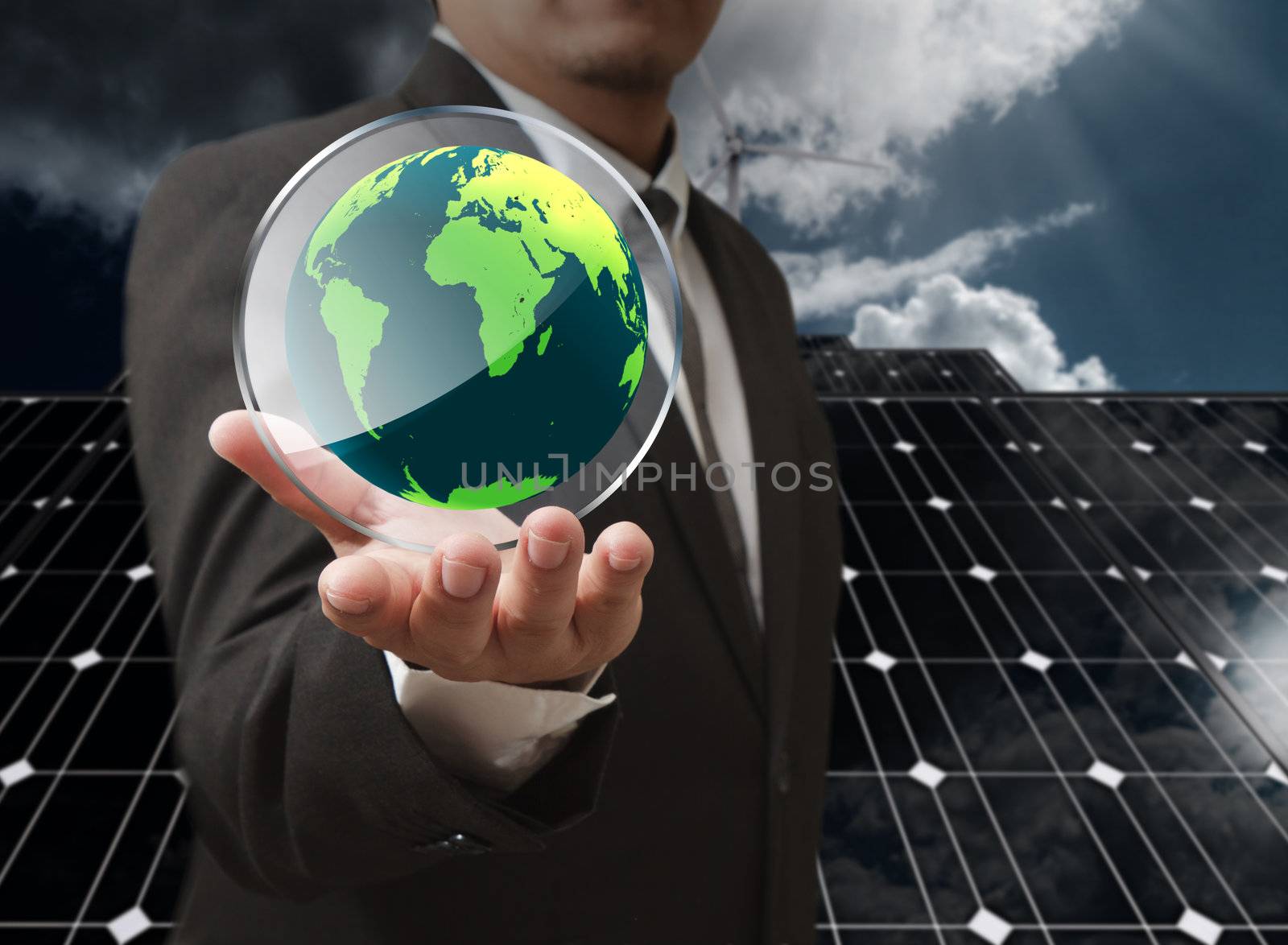 business man hand show the earth glass shield as concept