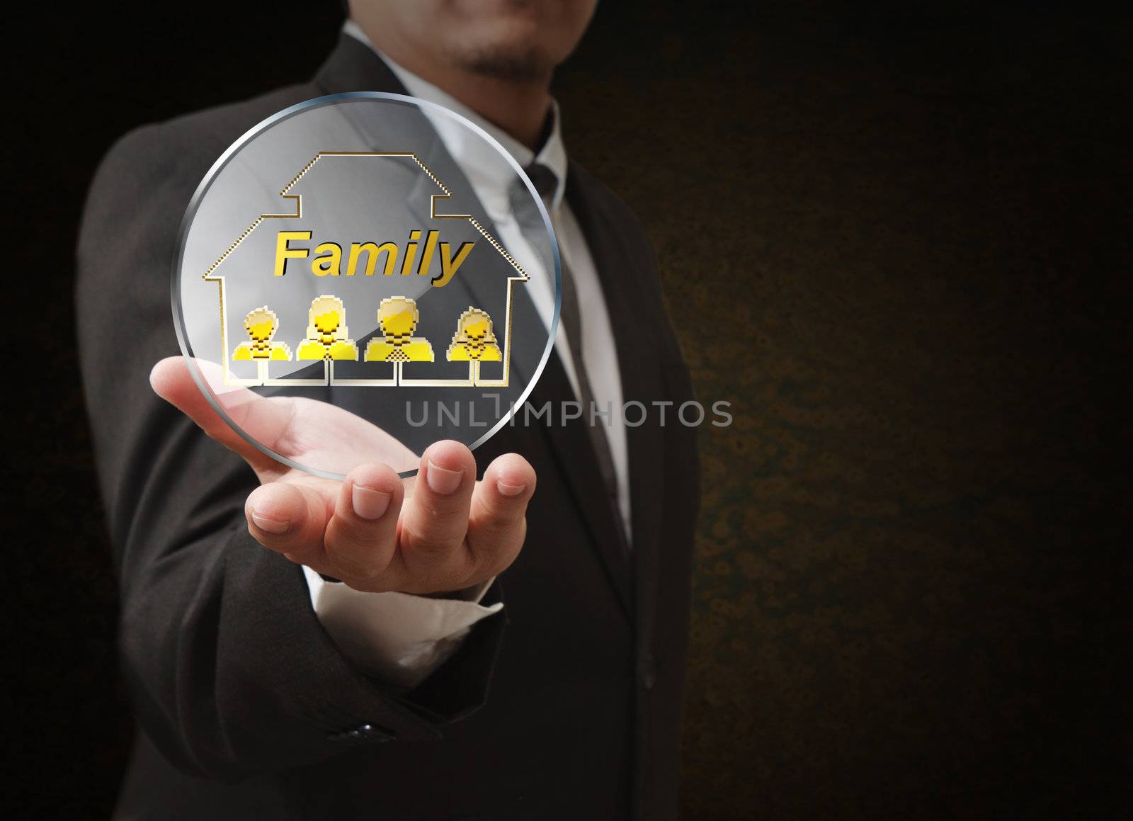 business man hand shows 3d family pixel icon as concept