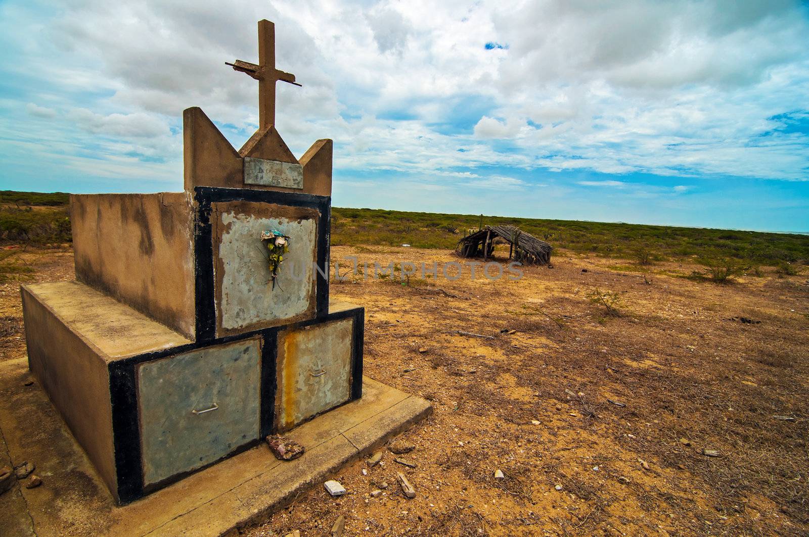 Indigenous tombs alone in the desert.