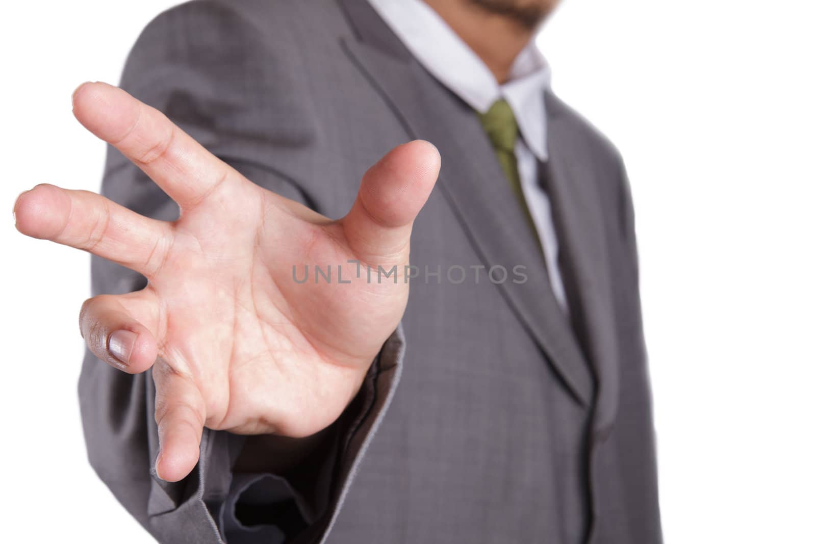 businessman with open hand isolated over white background