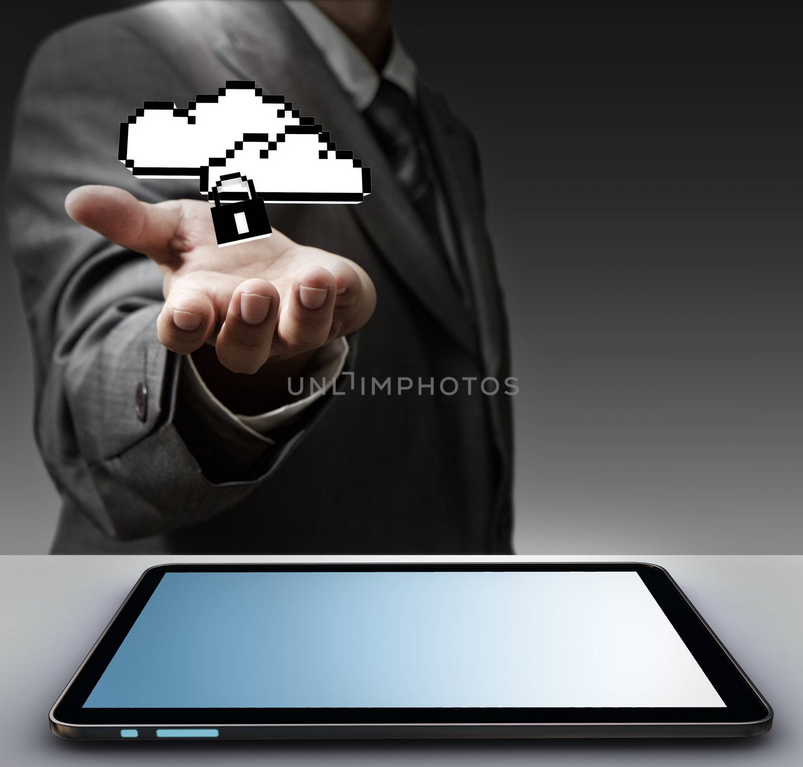 close up of hand holds tablet computer and pixel cloud network sign as concept