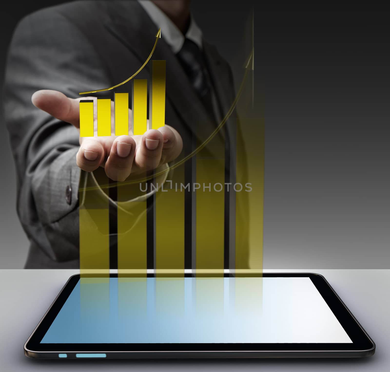 hand shows virtual gold graph with tablet computer by buchachon