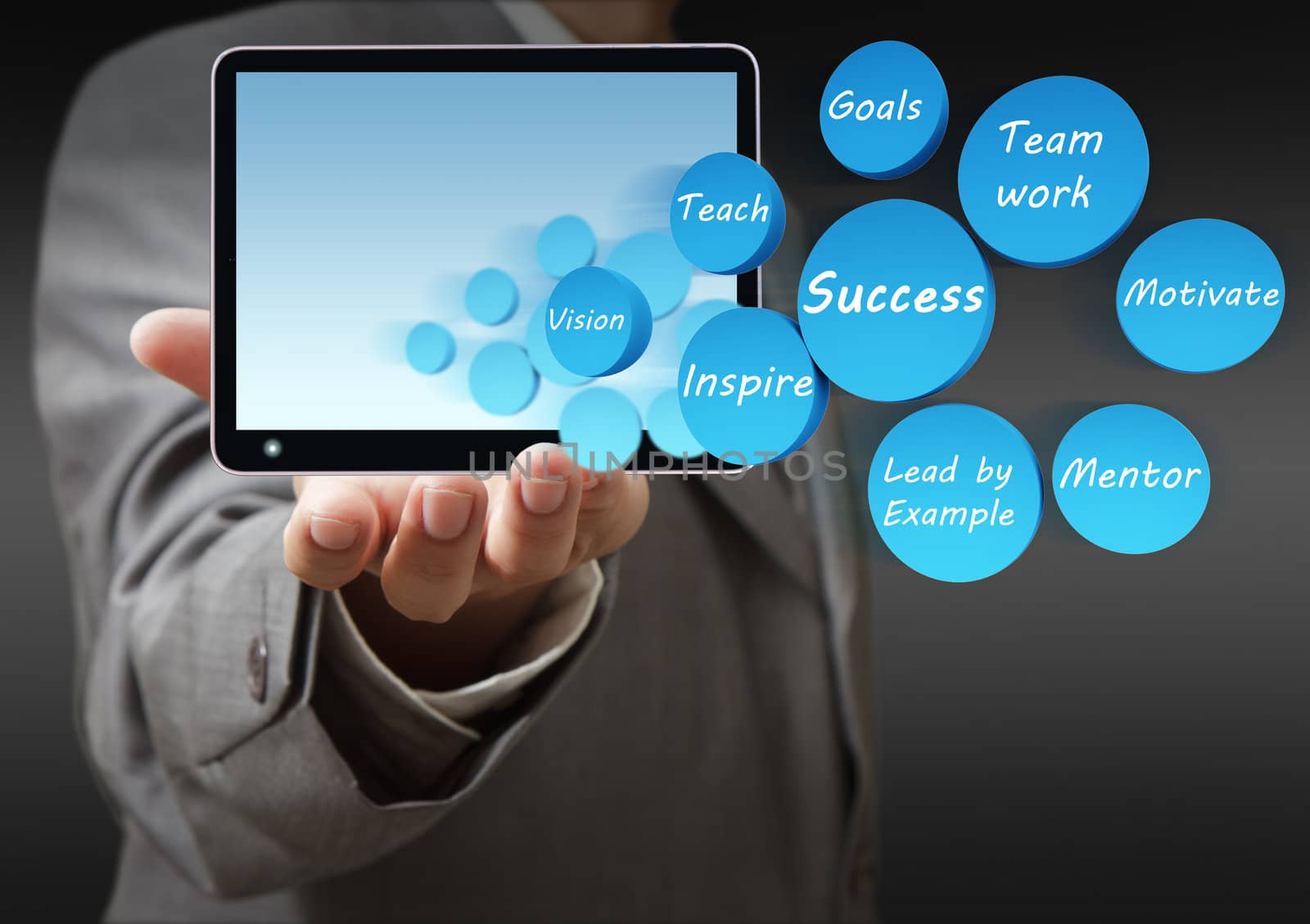 business hand shows success icon diagram and tablet computer